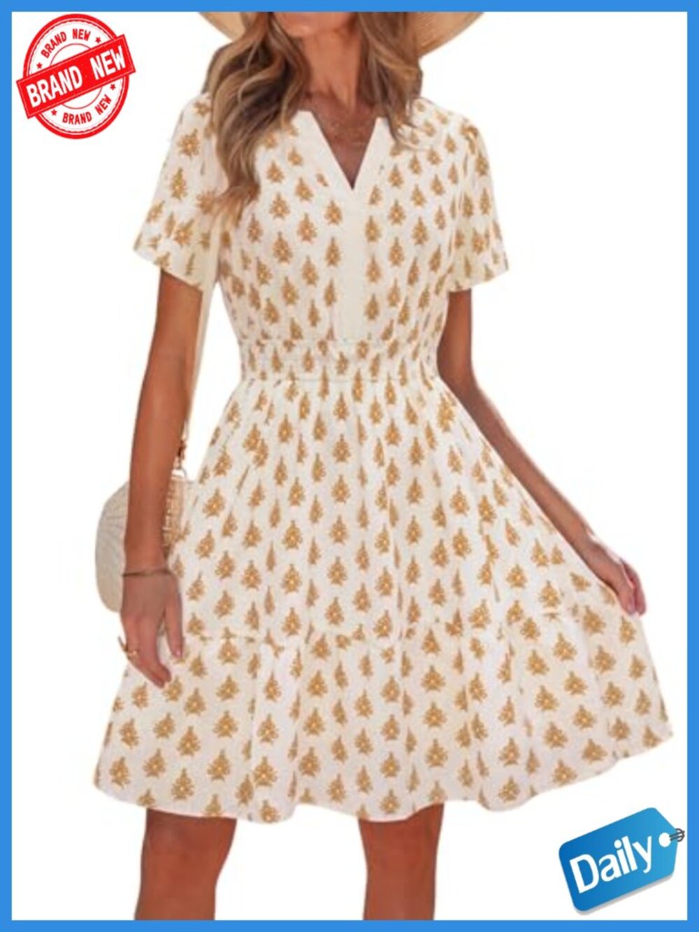 Women Summer Short Dress V-Neck A-Line Mini Dress Cute Boho Short Sleeve Sun